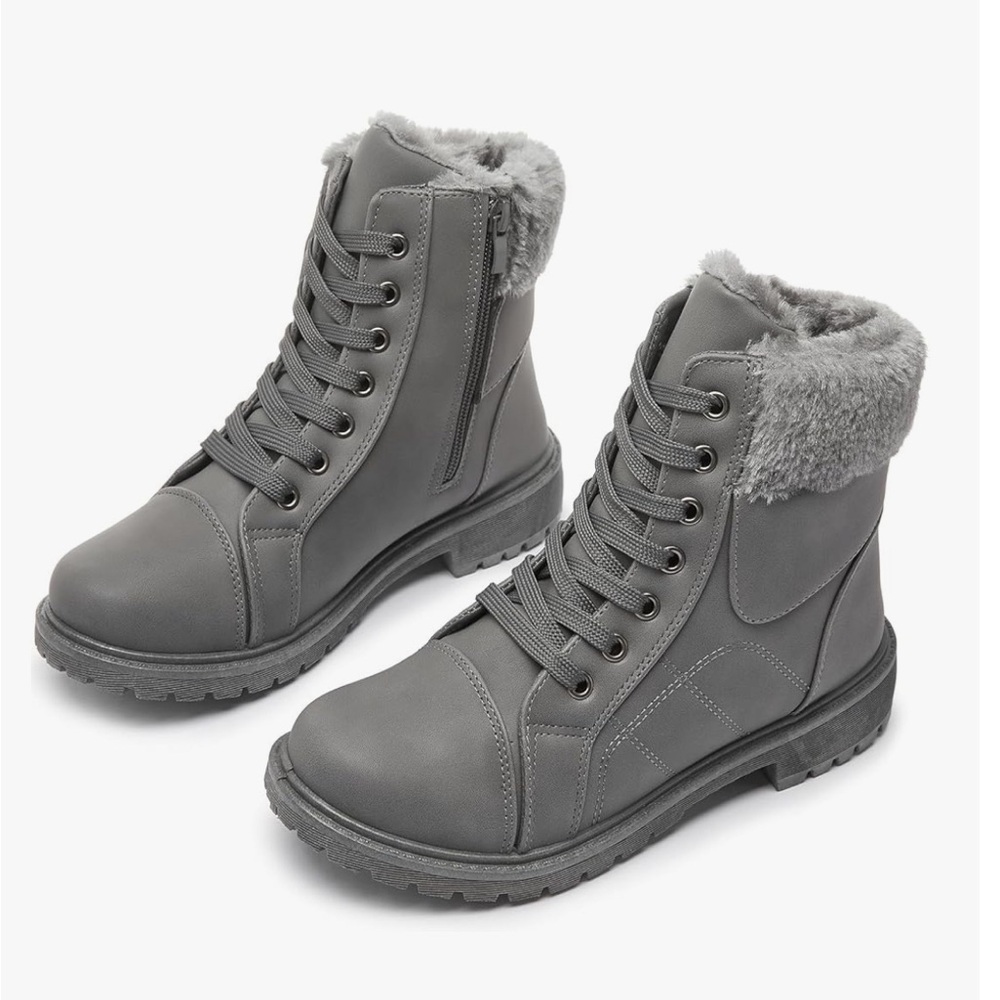 Women's Gray Fur-Lined Combat Boots